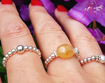 Sterling Silver Citrine stretch ring - November Birthstone jewellery - Chakra  jewelry gift