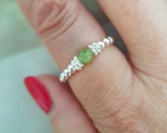 Peridot stretch ring Sterling Silver or Gold Fill tiny green gemstone bead ring stacking August Birthstone jewellery gift Chakra jewellery