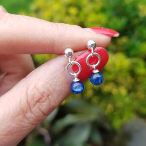 Tiny blue Kyanite earrings Sterling Silver or Gold Fill stud small Blue gemstone bead drop earrings Kyanite jewellery gift for her mum girl