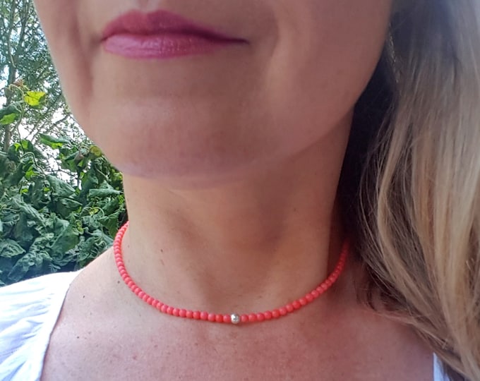 Tiny pink Coral necklace choker Sterling Silver or Gold Fill 4 mm pink gemstone bead necklace small beaded necklace Chakra jewellery gift