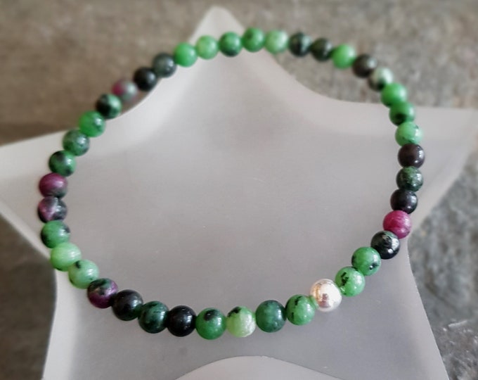 Ruby Zoisite stretch Bracelet Sterling Silver or Gold Fill Bracelet tiny 4mm green small Beaded gemstone bracelet healing Chakra jewellery