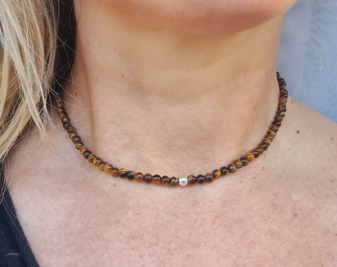 Tigers Eye necklace choker Sterling Silver or Gold Fill Tigers eye tiny bead necklace for men or women gift
