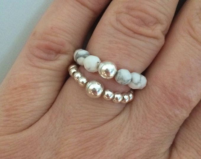 WHITE HOWLITE STRETCH ring with Sterling Silver or 14k Gold Fill bead