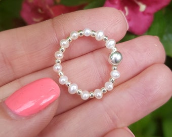 Tiny Freshwater Pearl stretch ring Sterling Silver or Gold Fill real white seed pearl ring real stacking ring June Birthstone jewellery gift