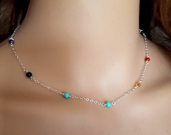 Tiny 7 chakra necklace choker Sterling Silver 4mm wire wrapped RAINBOW multi gemstone bead necklace Yoga Chakra jewellery gift for her girl