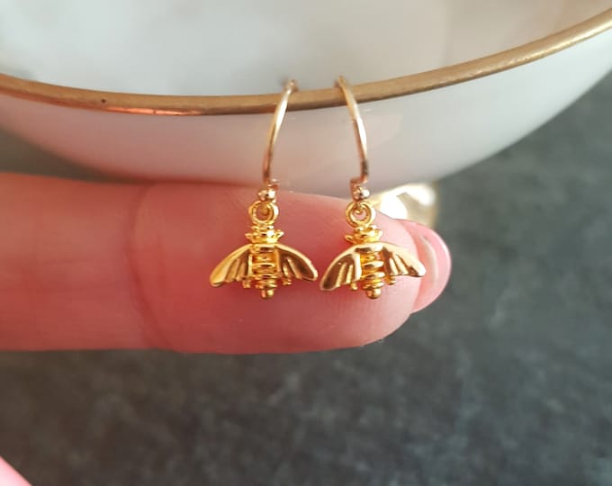 Tiny 24K Gold Vermeil bee earrings on Sterling Silver small bee earrings bee dangle earrings jewellery gift for teenage girl child earrings