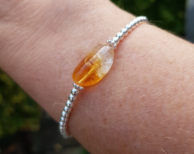 Citrine stretch bracelet Sterling Silver yellow raw Citrine gemstone bead bracelet real Citrine beaded November birthstone jewellery gift