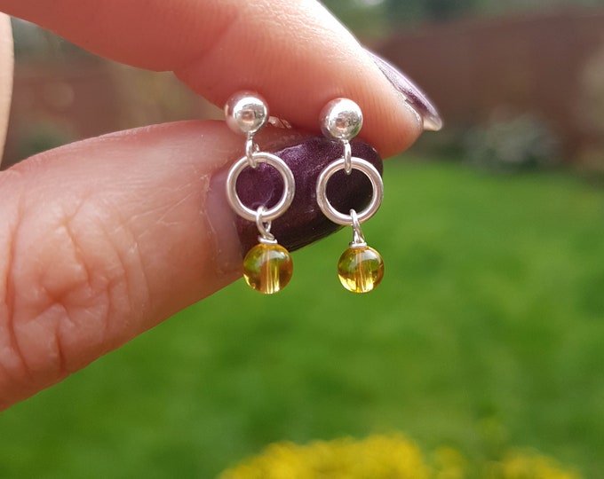 Tiny Citrine earrings Sterling Silver or Gold studs small Yellow gemstone drop earrings November Birthstone jewellery Chakra gift for girl