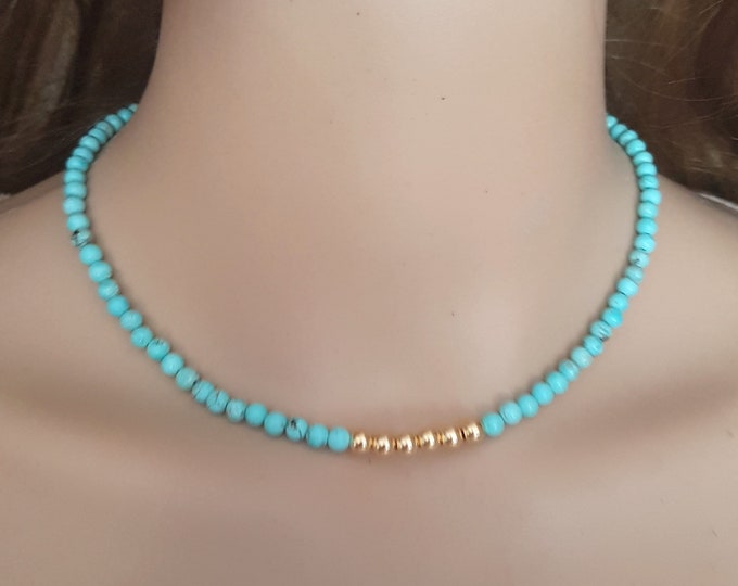 Turquoise necklace choker 14K Gold Fill or Sterling Silver tiny 4mm blue gemstone bead necklace December birthstone jewellery Chakra gift