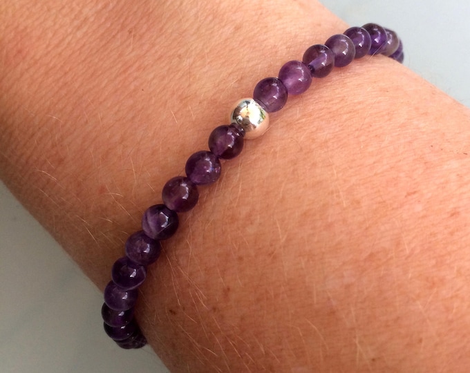 AMETHYST stretch Bracelet with Sterling Silver or 14K Gold accent bead February Birthstone jewellery gift Crown Chakra jewelry for her / him