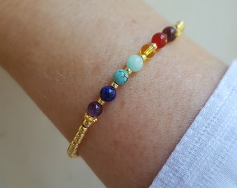 7 CHAKRA Bracelet 14K Gold Fill tiny gemstone bead Bracelet 4mm small beaded stretch Bracelet YOGA bracelet Chakra jewelry Boho jewellery