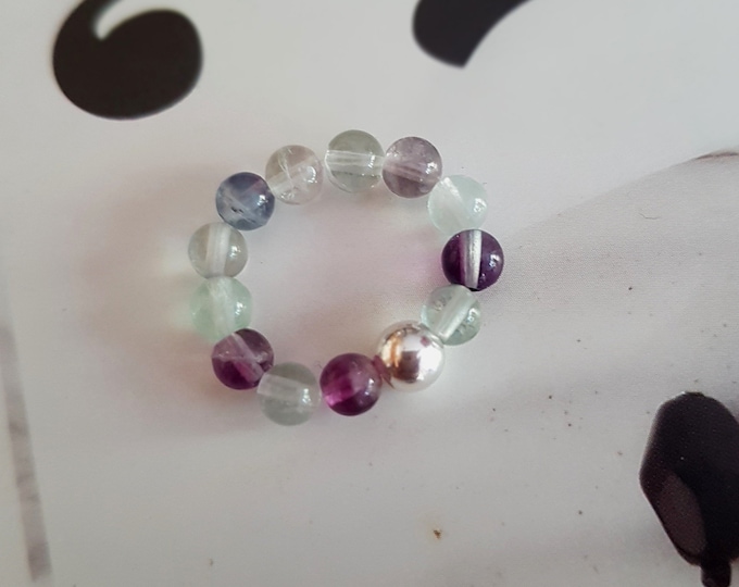 FLUORITE STERLING SILVER stretch ring or Gold Fill  purple green tiny gemstone bead ring stacking healing jewelry - chakra jewellery gift