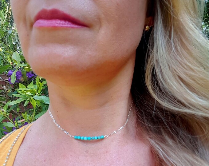 Sterling Silver tiny Turquoise choker necklace 4mm blue Turquoise gemstone bead necklace December Birthstone jewellery Chakra  jewelry gift