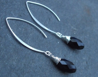 Black Swarovski crystal teardrop earrings on long Sterling Silver hooks lever backs or studs wire wrapped black or AB crystal earrings