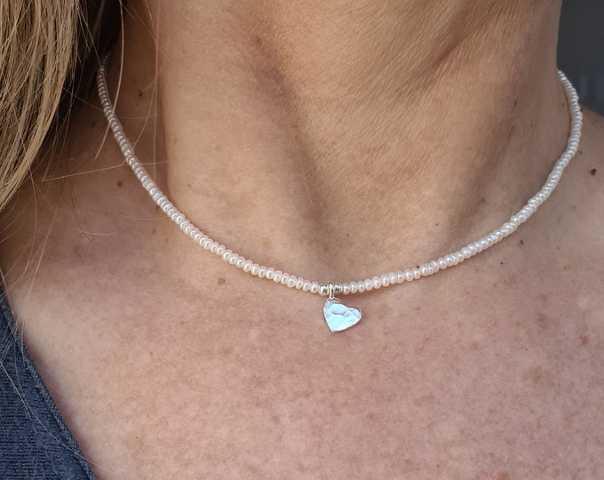 Tiny Freshwater seed Pearl necklace choker Sterling Silver hammered heart small 2mm white real pearl necklace June Birthstone jewellery gift