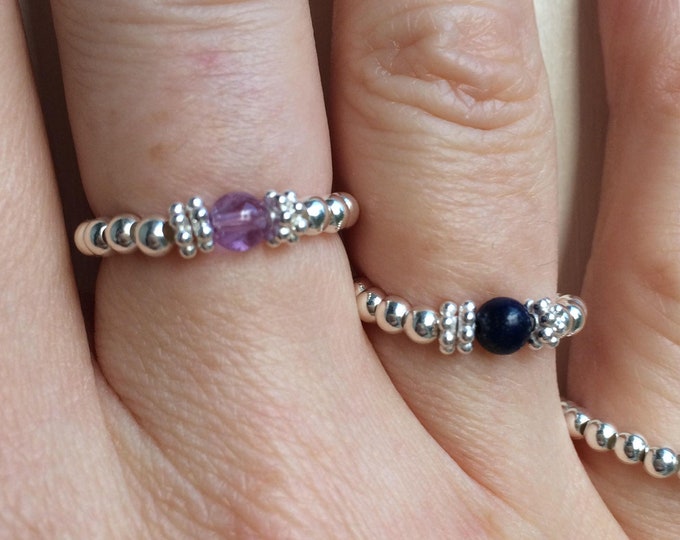 Amethyst ring Sterling Silver stretch ring purple beaded gemstone ring stacking ring February Birthstone jewellery gift Healing jewelry