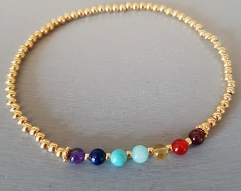 7 CHAKRA stretch Bracelet 14K Gold Fill tiny 4mm rainbow gemstone bead Bracelet small beaded 7 Chakra jewellery YOGA lover gift for her girl