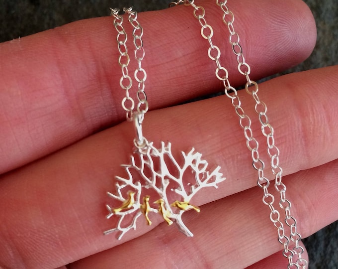 Silver Tree of life necklace pendant Sterling Silver tree with 4 TINY Gold birds dainty family tree necklace nature lover bird watcher gift