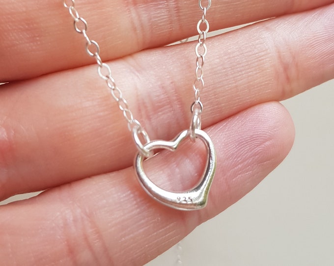 Sterling Silver heart necklace floating heart necklace small Silver open heart choker heart pendant Valentines gift 25th Anniversary gift