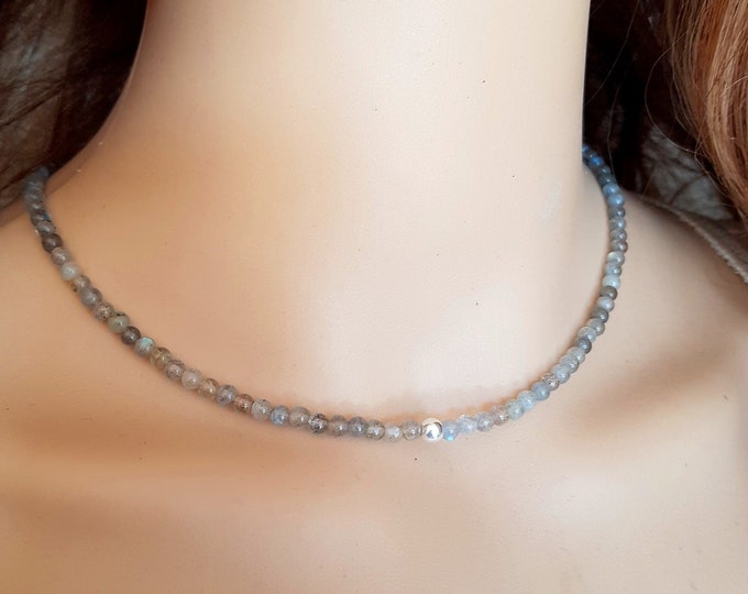 Tiny 4mm Labradorite grey gemstone bead necklace Sterling Silver or 14k Gold Fill - real flashy Labradorite Chakra jewellery gift