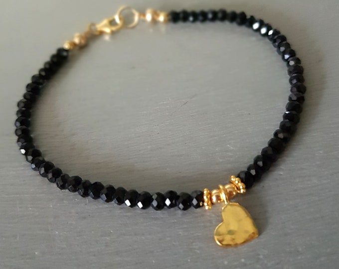 Tiny sparkly Black Spinel bracelet with Gold Vermeil or Sterling Silver hammered heart