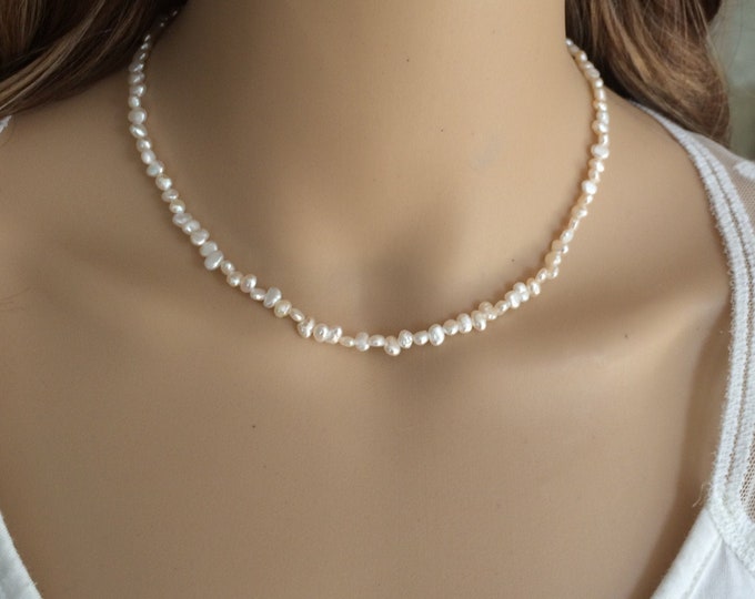 Tiny Freshwater Pearl choker necklace with Sterling Silver or Gold Fill clasp -  June Birthstone jewelry gift