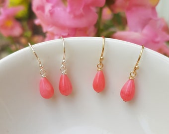 Tiny pink Coral earrings Sterling Silver or Gold Fill small Coral tear drop earrings pink gemstone jewellery Chakra jewelry gift for girl