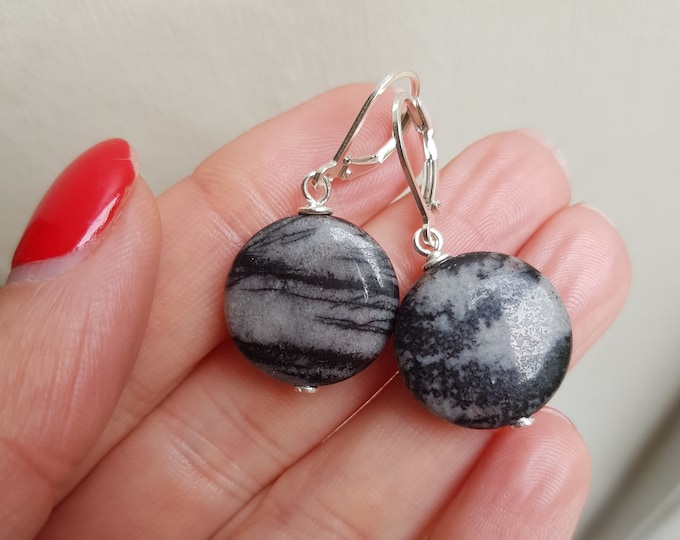 Picasso Jasper earrings Sterling Silver black and grey gemstone bead coin earrings chakra healing jewellery protection gift for mum teacher