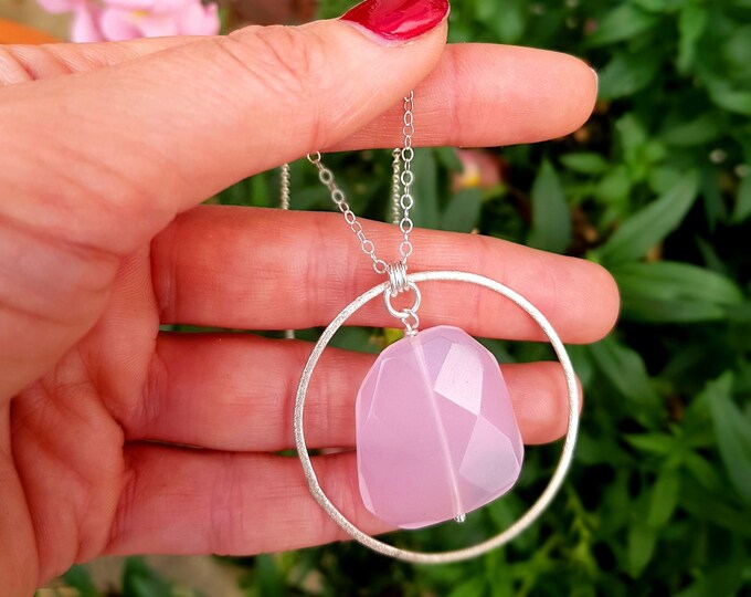 Sterling Silver Rose Quartz pendant necklace - January Birthstone jewellery gift - Heart Chakra - Yoga lover