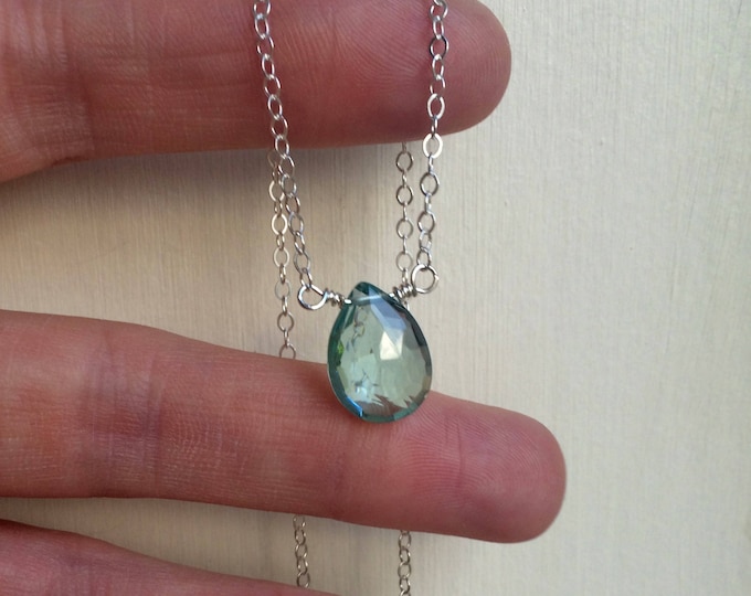 Aquamarine Quartz  teardrop necklace Sterling Silver -  March Birthstone jewellery gift for women mum her