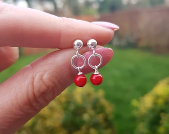 Tiny Red Coral earrings studs Sterling Silver or Gold Fill findings - Root Chakra healing yoga jewellery - gift for girl