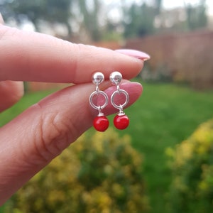 Tiny Red Coral earrings Sterling Silver stud small Coral drop earrings red gemstone jewelry Chakra healing yoga jewellery gift for girl