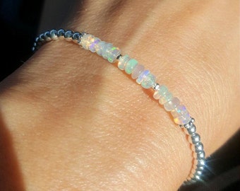 Tiny Ethiopian OPAL Bracelet Sterling Silver or Gold Fill 3mm gemstone bead Bracelet OCTOBER Birthstone jewellery gift AAA Welo Opal jewelry