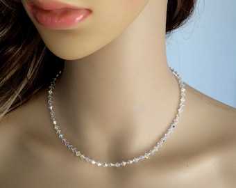 Tiny AB crystal choker necklace Sterling Silver clear or AB Crystal jewellery gift for mum girlfriend sister friend