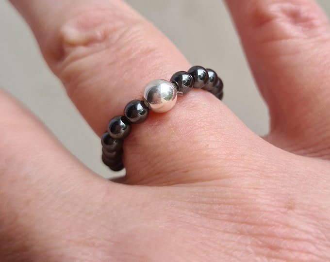 Hematite stretch ring Sterling Silver or 14K Gold Fill black gemstone bead ring- February Birthstone jewellery gift for girl