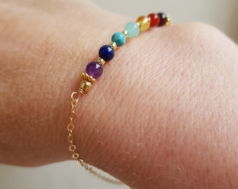 Tiny 7 Chakra gemstone Bracelet in 14K Gold Fill or Sterling Silver - Rainbow gemstone jewellery gift - healing gift
