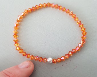 Orange AB crystal stretch bracelet Sterling Silver or Gold Fill small tiny 4mm orange pink crystal bead bracelet Stacking jewelry gift girl