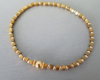 Tiny Gold Hematite stretch bracelet Gold Fill gemstone bead bracelet gold crystal stacking bracelet minimalist dainty beaded Jewellery gift