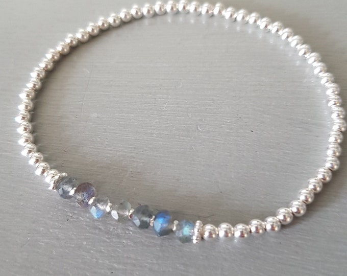 LABRADORITE stretch Bracelet Sterling Silver 4mm beaded grey Labradorite gemstone stretch Bracelet yoga Reiki CHAKRA healing jewellery gift