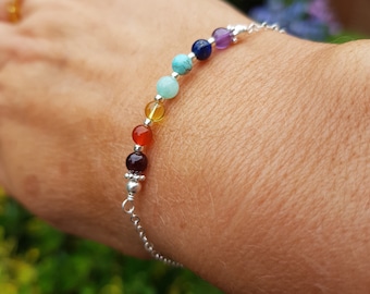 7 Chakra Bracelet Sterling Silver or Gold Fill tiny multi gemstone bead Bracelet small beaded bracelet yoga jewelry Rainbow jewellery gift
