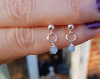 Tiny Aquamarine earrings Sterling Silver stud small Aquamarine drop earrings blue gemstone jewelry March Birthstone jewellery gift for girl
