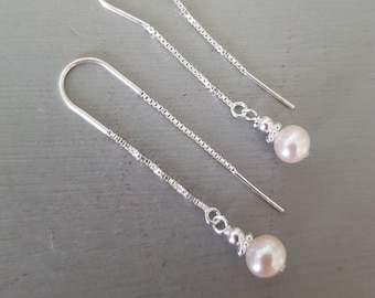 Freshwater pearl drop earrings on Sterling Silver Gold Vermeil threaders real white pearl wedding anniversary earrings bridal jewellery gift