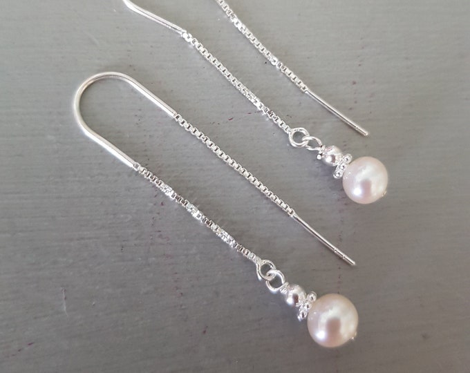 Freshwater pearl drop earrings on Sterling Silver Gold Vermeil threaders real white pearl wedding anniversary earrings bridal jewellery gift