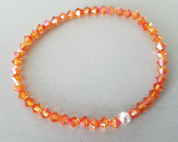 Orange AB crystal stretch bracelet Sterling Silver or Gold Fill small tiny 4mm orange pink crystal bead bracelet Stacking jewelry gift girl