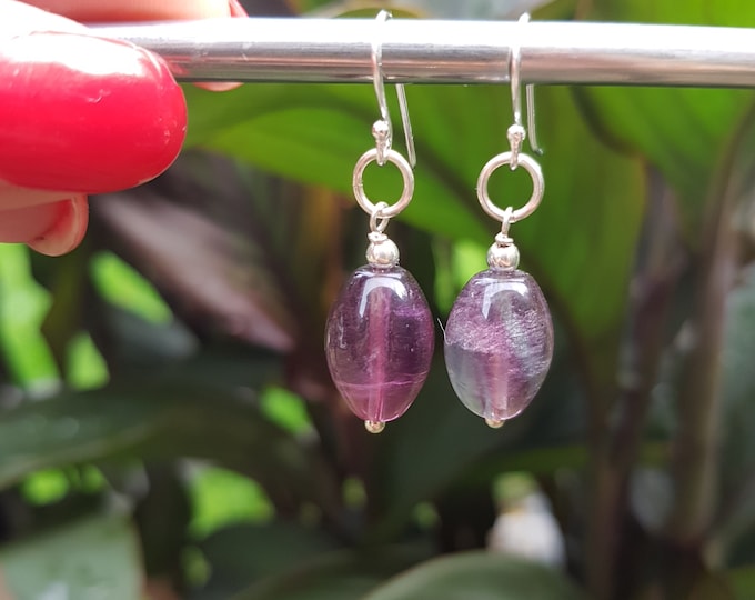 Fluorite earrings Sterling Silver purple / green gemstone bead earrings drop earrings OOAK chakra healing crystal jewellery gift for her mum