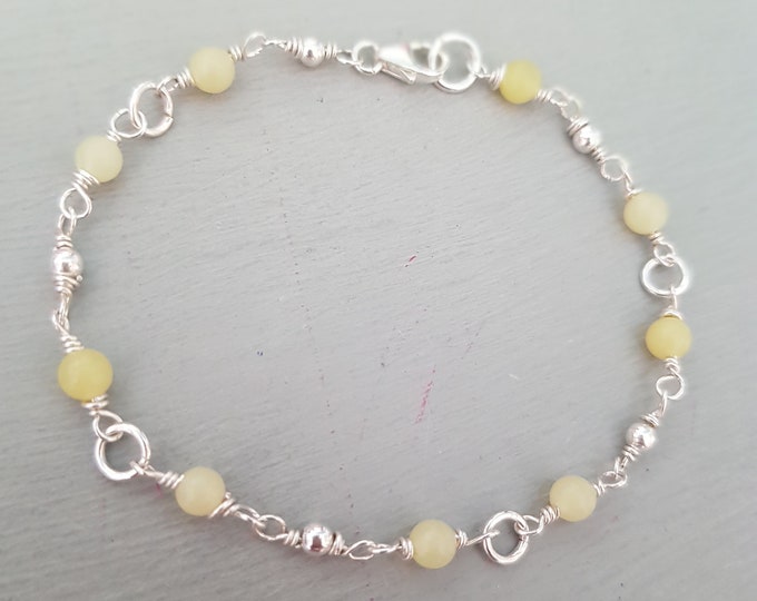 YELLOW JADE Bracelet Sterling Silver tiny 4mm small yellow gemstone Bead Bracelet beaded Rosary wire wrap jewelry Solar 3rd Chakra jewellery