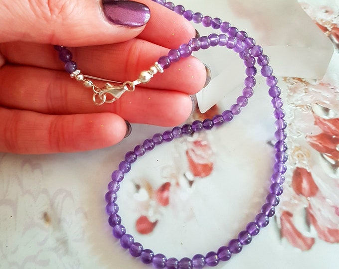 Amethyst choker necklace Sterling Silver or Gold 4mm purple gemstone bead necklace February Birthstone jewellery gift crystal Chakra Healing
