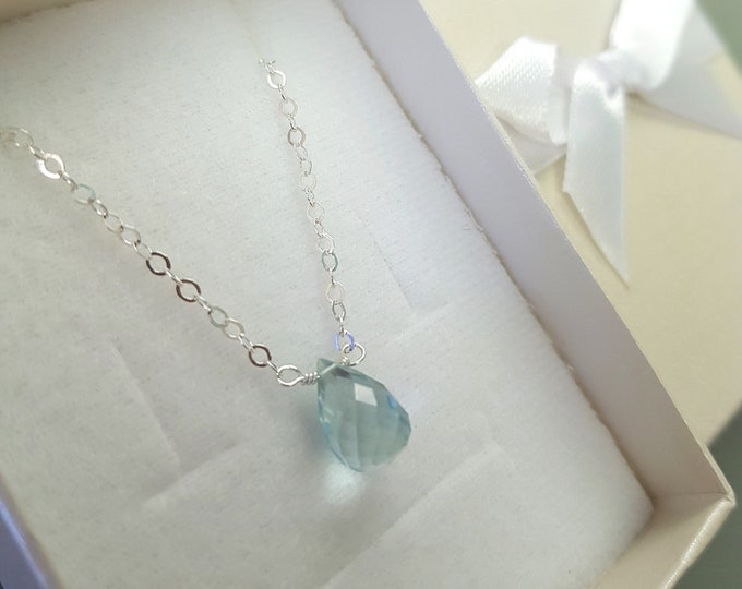 Tiny Aquamarine Quartz necklace choker Sterling Silver or 14K Gold Fill real blue teardrop gemstone necklace March Birthstone jewellery gift