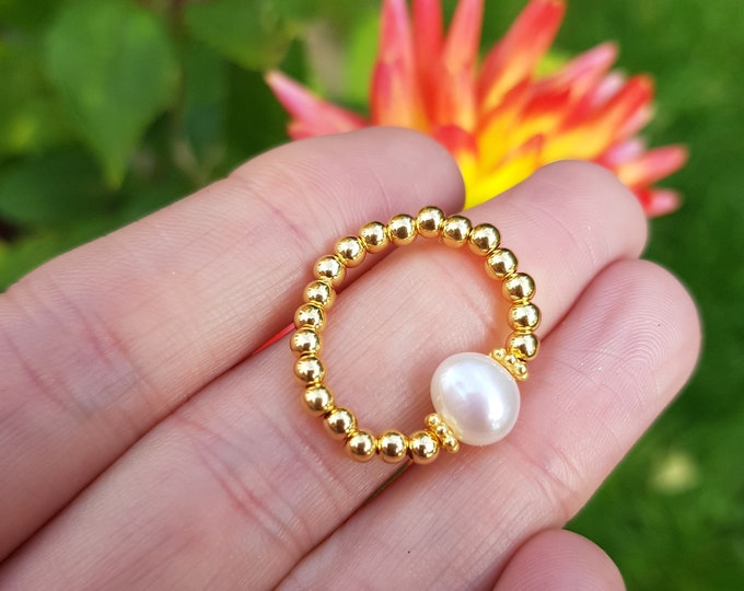 14ct Gold Fill Baroque Pearl stretch ring Sterling Silver beaded pearl ring large white real Pearl ring June Birthstone jewellery gift mum