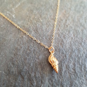 May include: A gold-toned necklace featuring a delicate chain and a small, textured seashell pendant. The pendant is shaped like a spiral conch shell with intricate ridges and grooves, suspended from a simple circular jump ring on the chain.